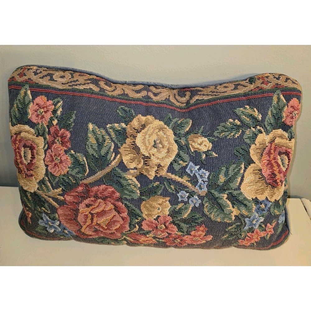 Vintage Floral‎ Tapestry Pillow vibrant rose motifs pink and yellow. 16 x 12 in.